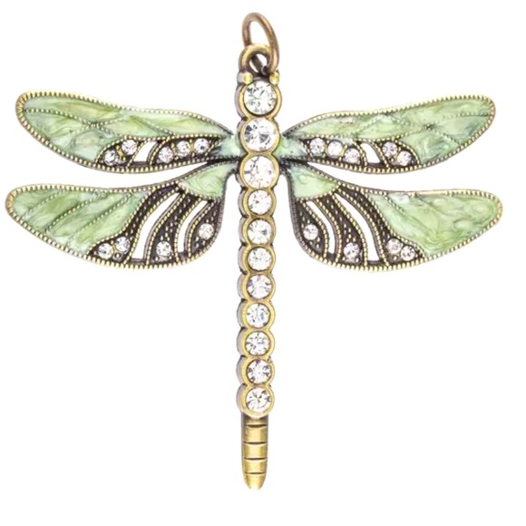 Rhinestone, Green Enamel Dragonfly Vintage Inspired, Antique gold tone necklace - Picture 2 of 9